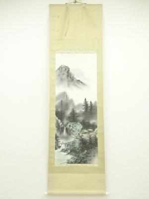 靖観筆　彩色山水　肉筆絹本掛軸（保護箱）